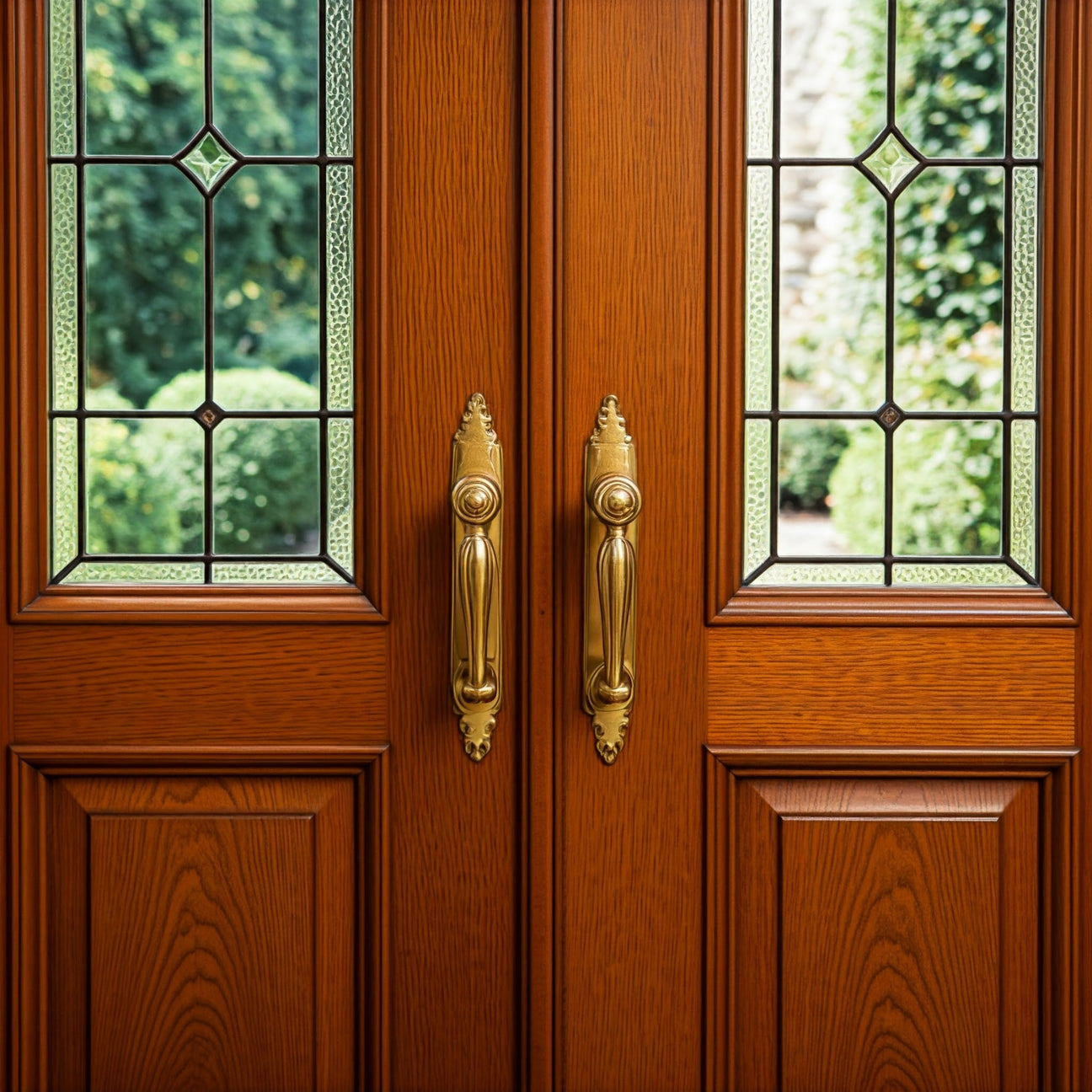 Beautiful timber French doors with decorative glass panels and elegant golden handles.
